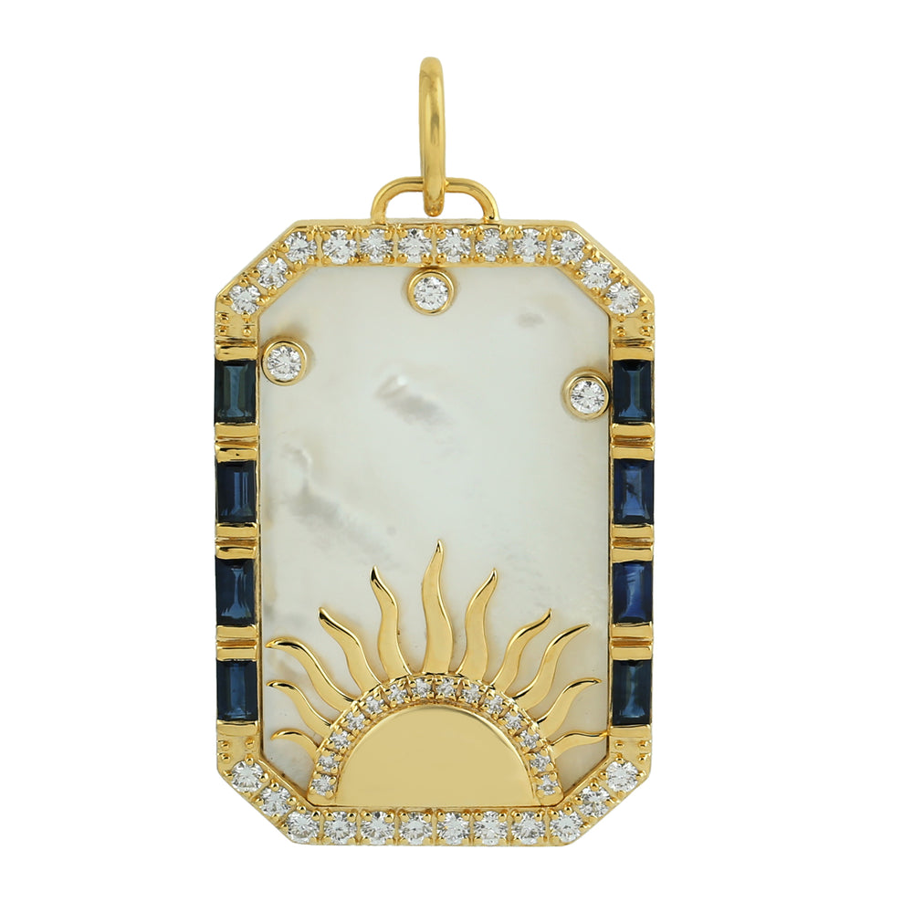 Yellow Gold MOP Baguette Blue Sapphire Pave Diamond Sunrise Tarot Card Pendant