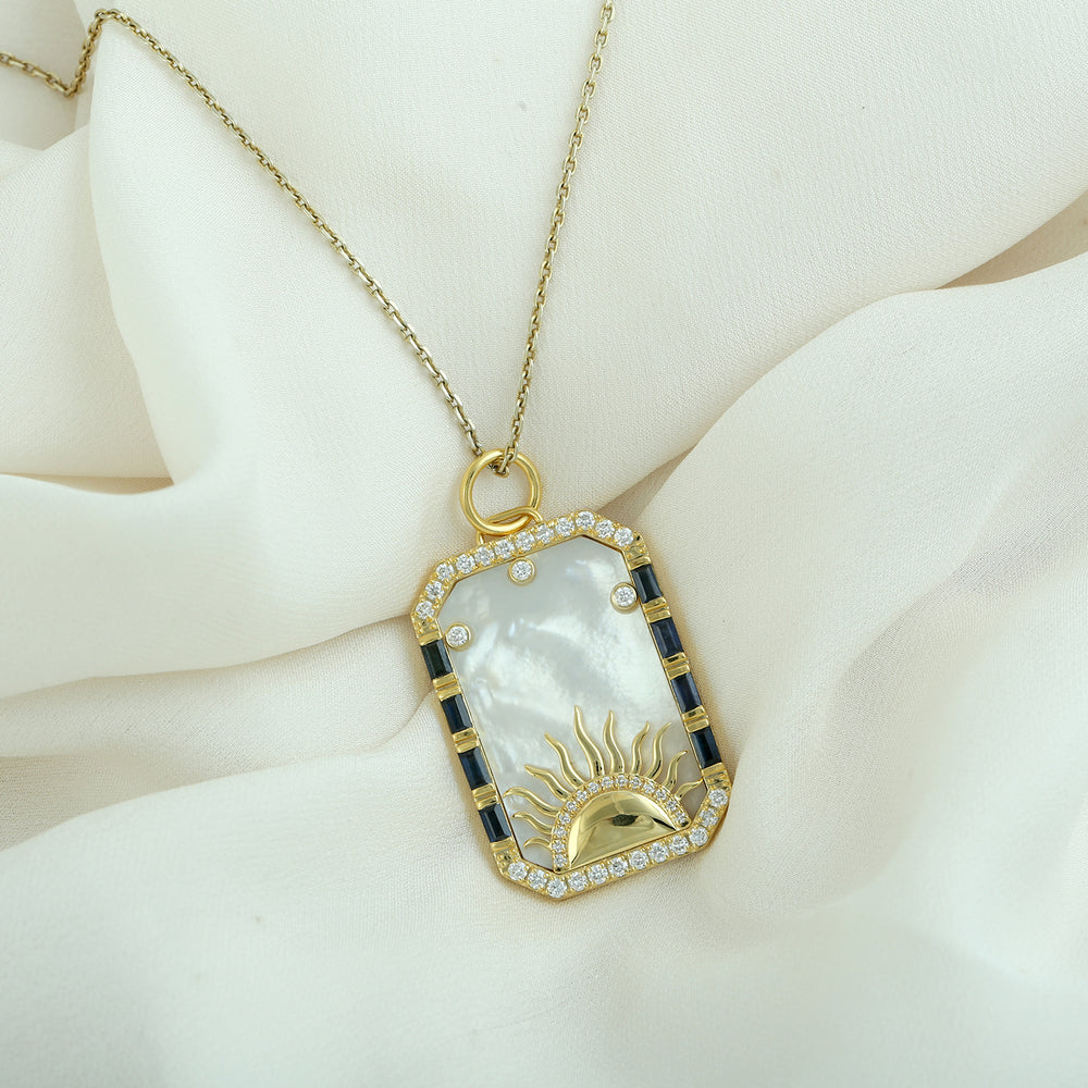 Yellow Gold MOP Baguette Blue Sapphire Pave Diamond Sunrise Tarot Card Pendant