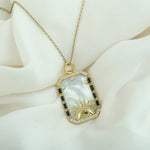 Yellow Gold MOP Baguette Blue Sapphire Pave Diamond Sunrise Tarot Card Pendant