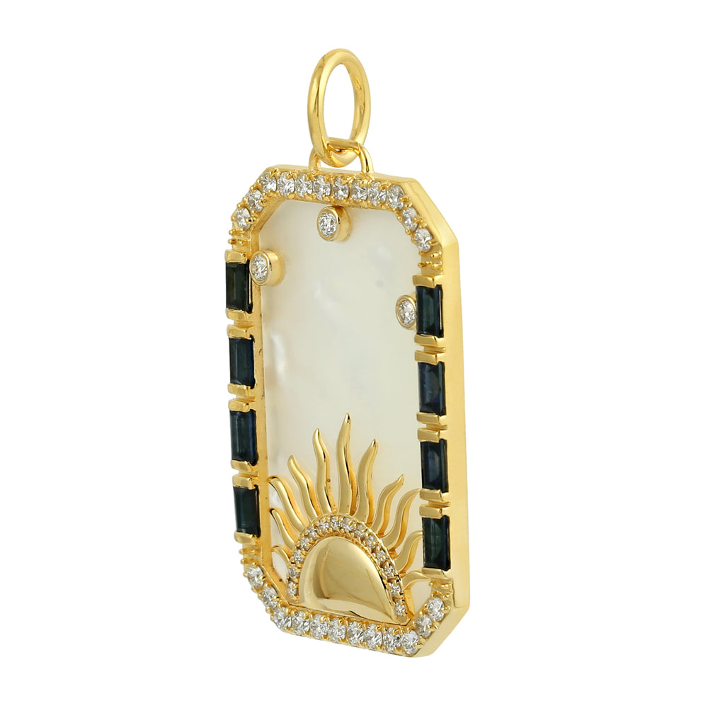 Yellow Gold MOP Baguette Blue Sapphire Pave Diamond Sunrise Tarot Card Pendant