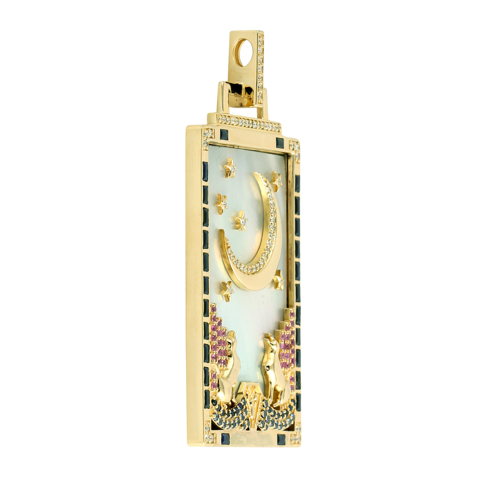 Rainbow Sapphire Baguette MOP Pave Diamond Wolf Moon Tarot Card Pendant In Gold