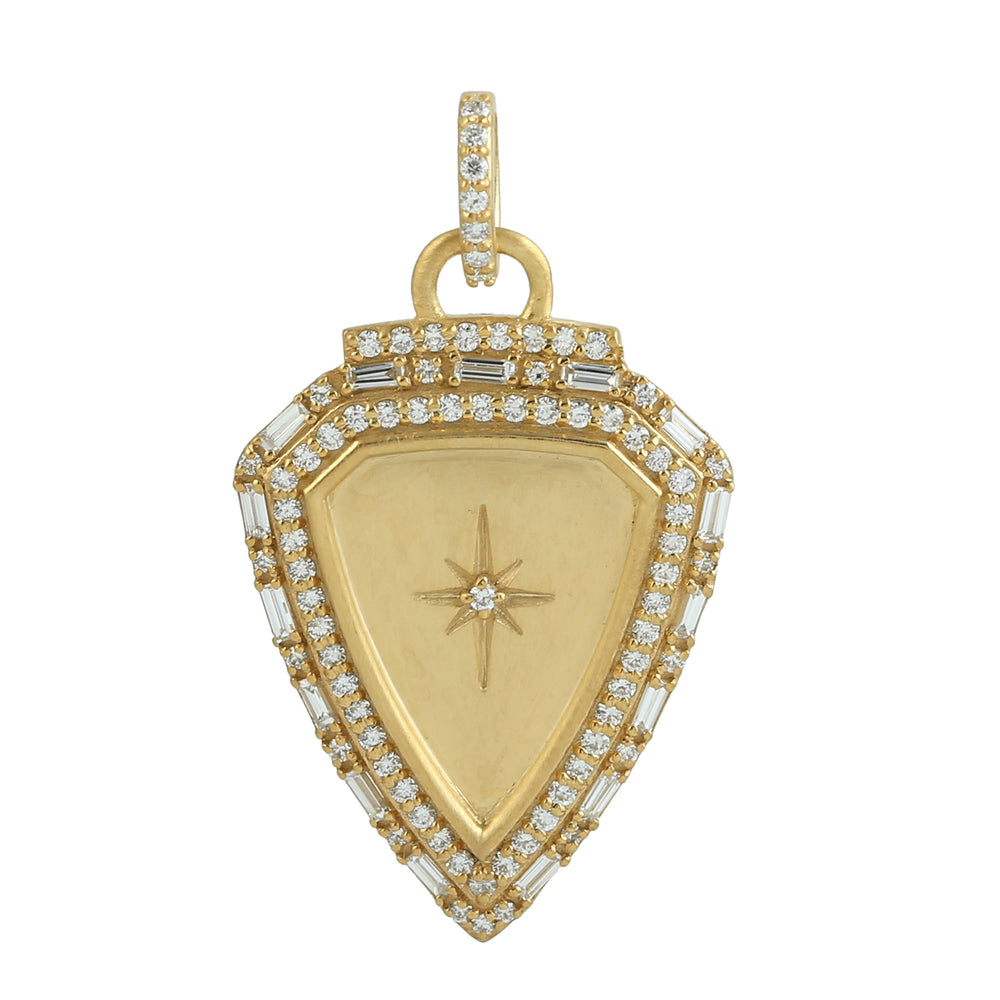 Natural Baguette Diamond Star Shield Pendant 14K Yellow Gold Jewelry For Birthday Gift