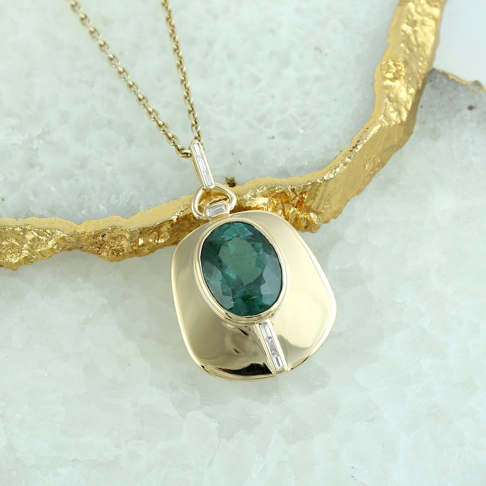 Facted Green Toourmaline Baguette Diamonnd Unique Design 18k Yelllow Gold Pendant For Her