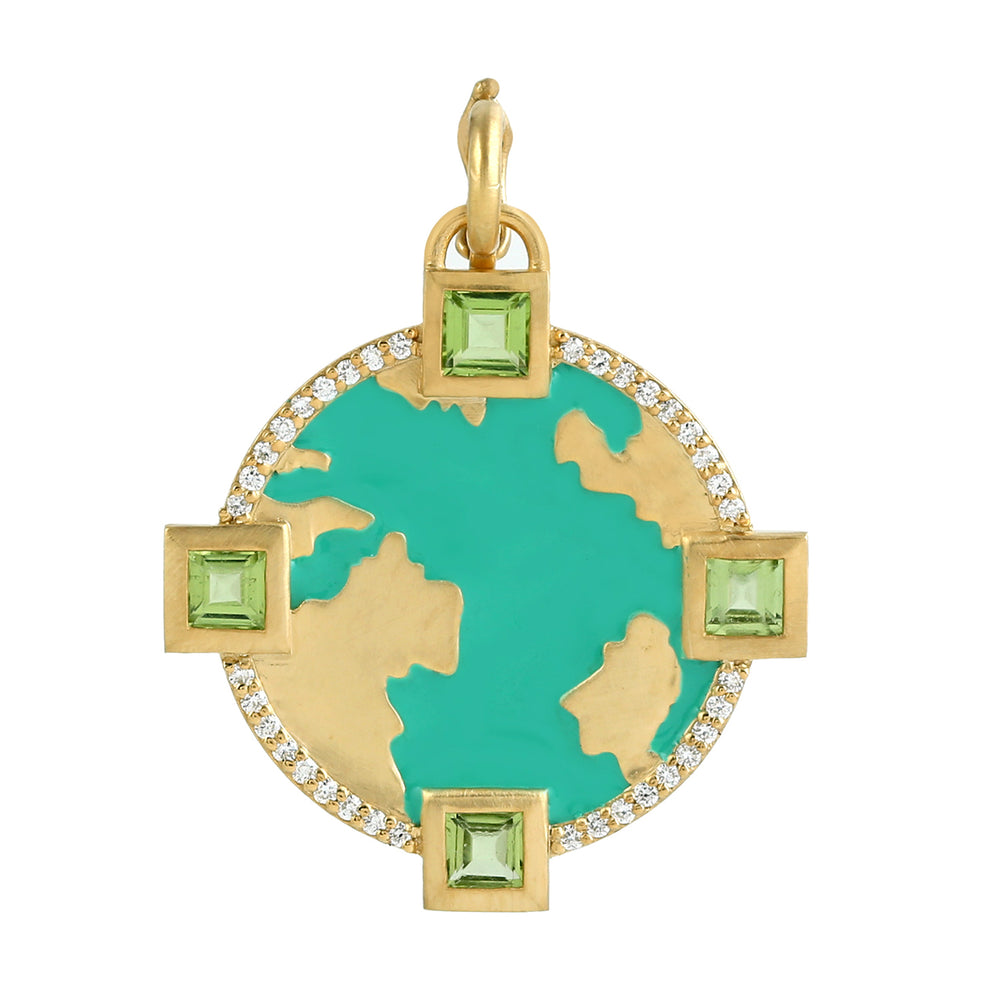 Natural Peridot Diamiond world Map Design nCharm Pendant In Gold