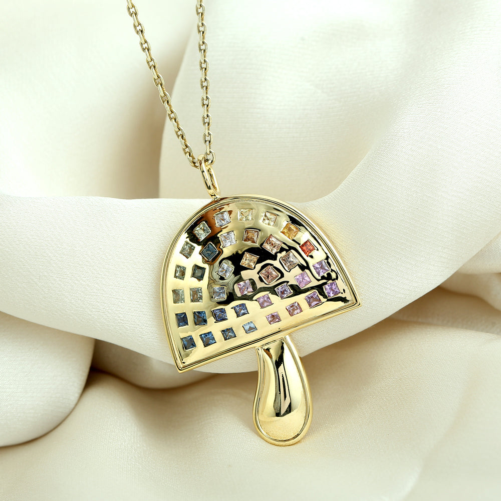 Square Multi Sapphire Bezel Set 14K Yellow Gold Mushroom Pendant Jewelry For Birthday Gifts