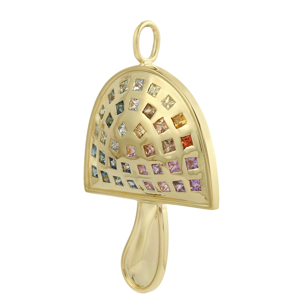 Square Multi Sapphire Bezel Set 14K Yellow Gold Mushroom Pendant Jewelry For Birthday Gifts