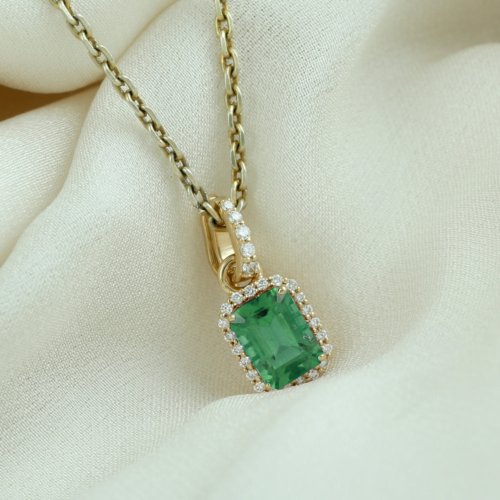 18K Yellow Gold Natural Octagon Emerald & Diamond Charm Pendant Jewelry