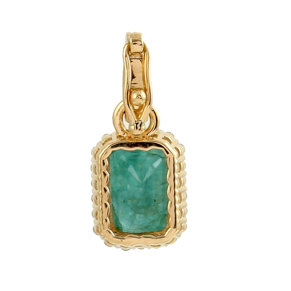 18K Yellow Gold Natural Octagon Emerald & Diamond Charm Pendant Jewelry