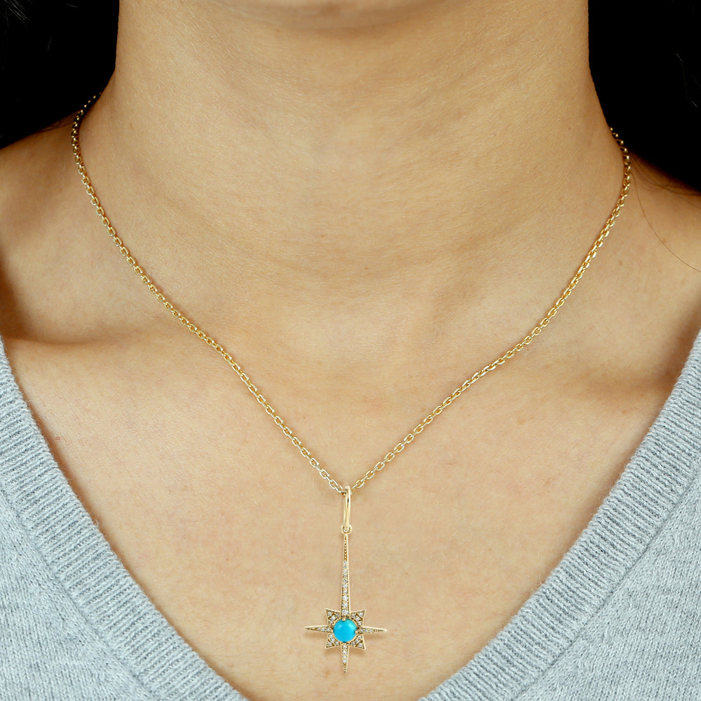 Natural Turquoise Pave Diamond In 18K Yellow Gold North Star Pendant