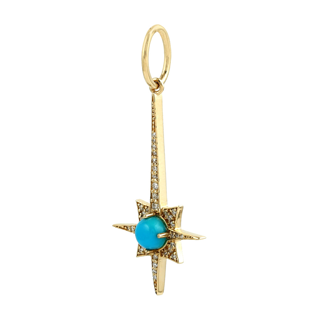 Natural Turquoise Pave Diamond In 18K Yellow Gold North Star Pendant