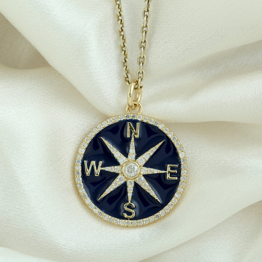 Natural Diamond Pave Star Navigation Compass Enamel Pendant 14K Yellow Gold jewelry