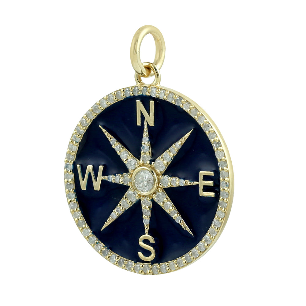 Natural Diamond Pave Star Navigation Compass Enamel Pendant 14K Yellow Gold jewelry