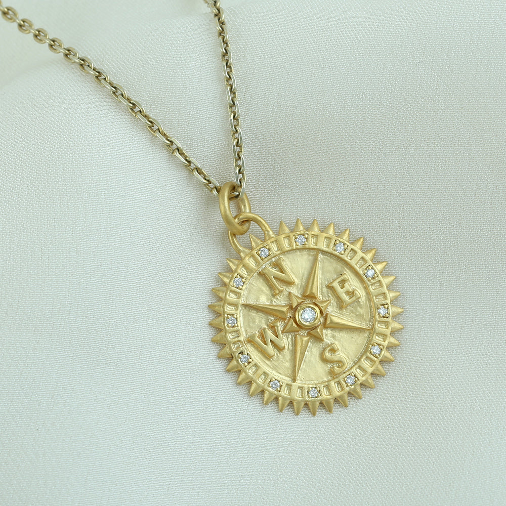 Micro Pave Diamond Compass Design 14k Gold Handmade Pendant for Her