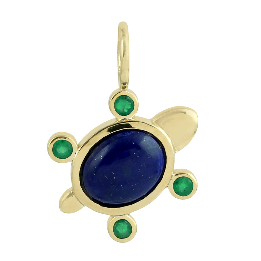 Bezel Set Oval Lapis Emerald Gemstone 14K Yellow Gold turtle Charm Pendant Jewelry