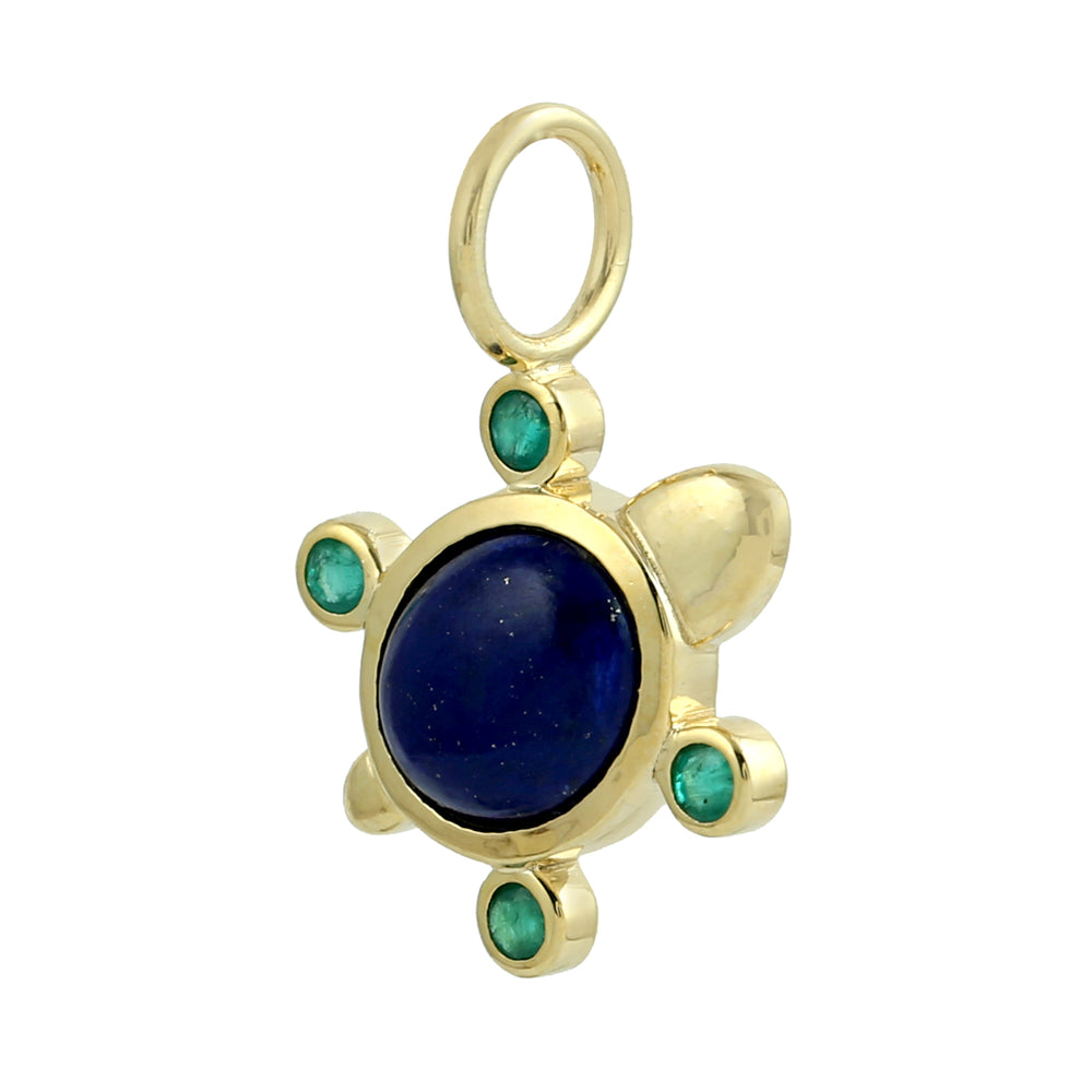 Oval Cut Lapis Bezel Emerald Gemstone In 14K Yellow Gold Turtle Pendant