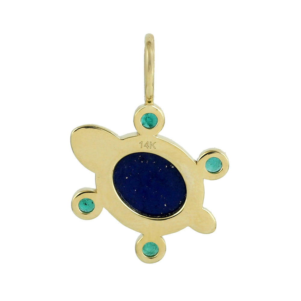 Oval Cut Lapis Bezel Emerald Gemstone In 14K Yellow Gold Turtle Pendant