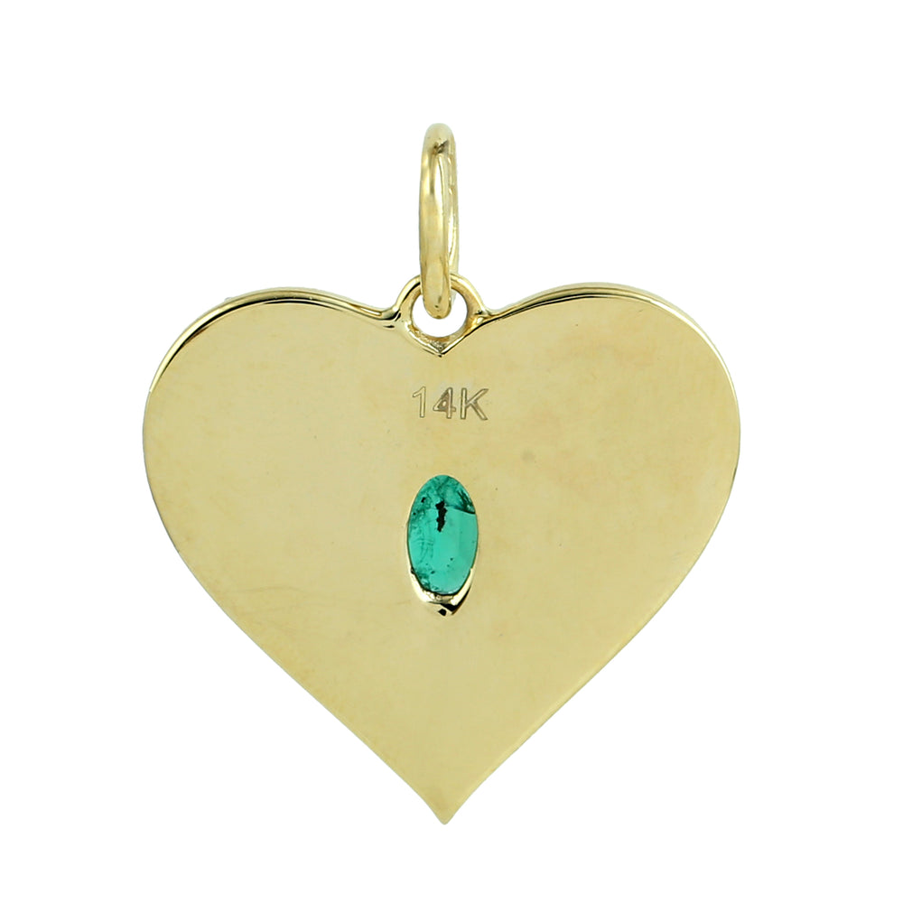 Natural Oval Cut Emerald Micro Pave Diamond Heart Pendant 14K Yellow Gold For Valentine Gifts