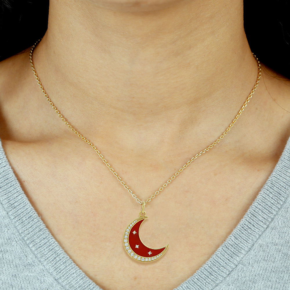 14K Yellow Gold Pave Natural Diamond Enamel Crescent Half Moon Pendant Jewelry