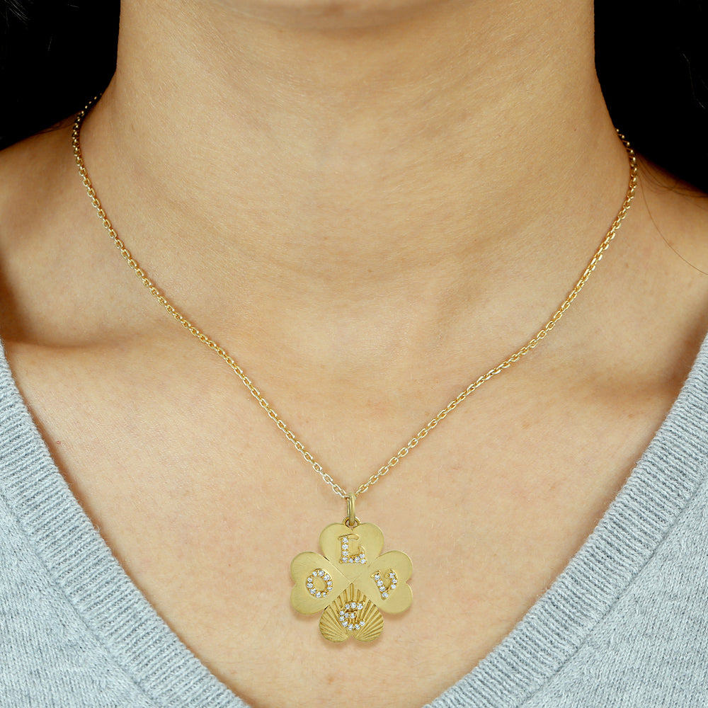 14K Yellow Gold Alphabet "Love" Initial Clover Flower Pendant Pave Diamond Jewelry For Her