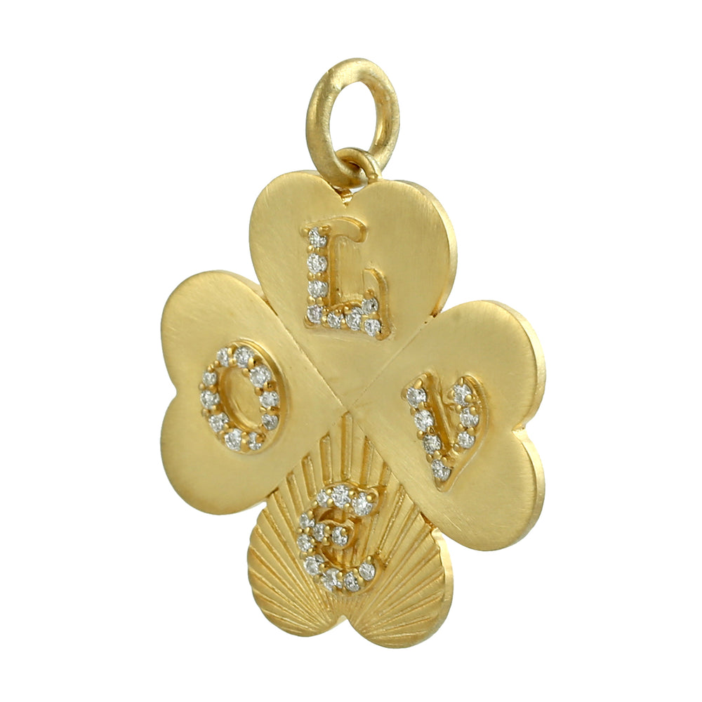 14K Yellow Gold Alphabet "Love" Initial Clover Flower Pendant Pave Diamond Jewelry For Her