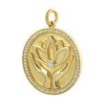 Micro Pave Diamond Lotus In Hand 14k Yellow Gold Handmade Pendant