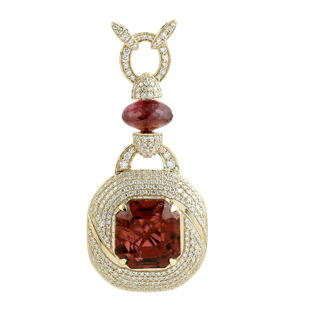 Octagon Pink Tourmaline Batti Cut Pave Diamond 14K Yellow Gold Designer Pendant Jewelry