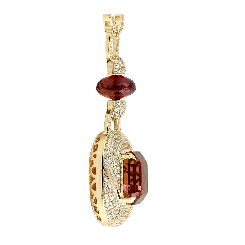 Octagon Pink Tourmaline Batti Cut Pave Diamond 14K Yellow Gold Designer Pendant Jewelry