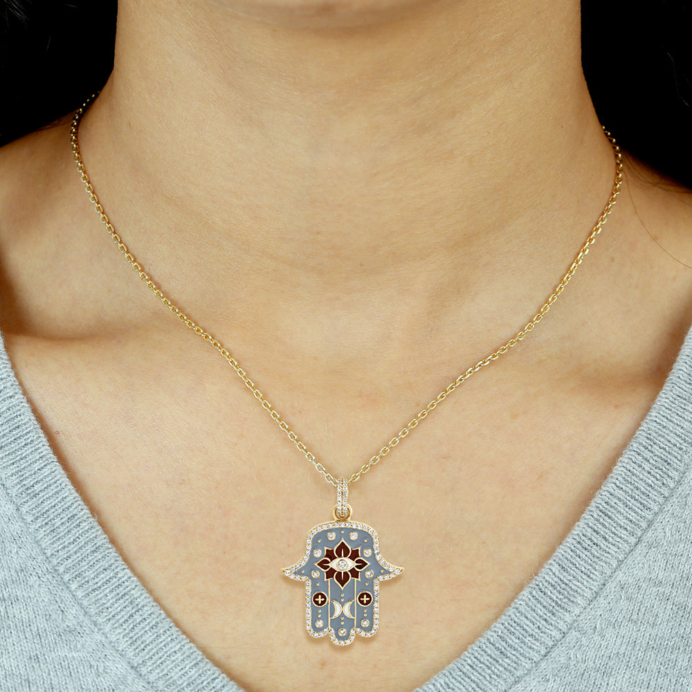 14K Yellow Gold Pave Diamond Enamel Hamsa Buddha Mama Pendant Jewelry For Unisex