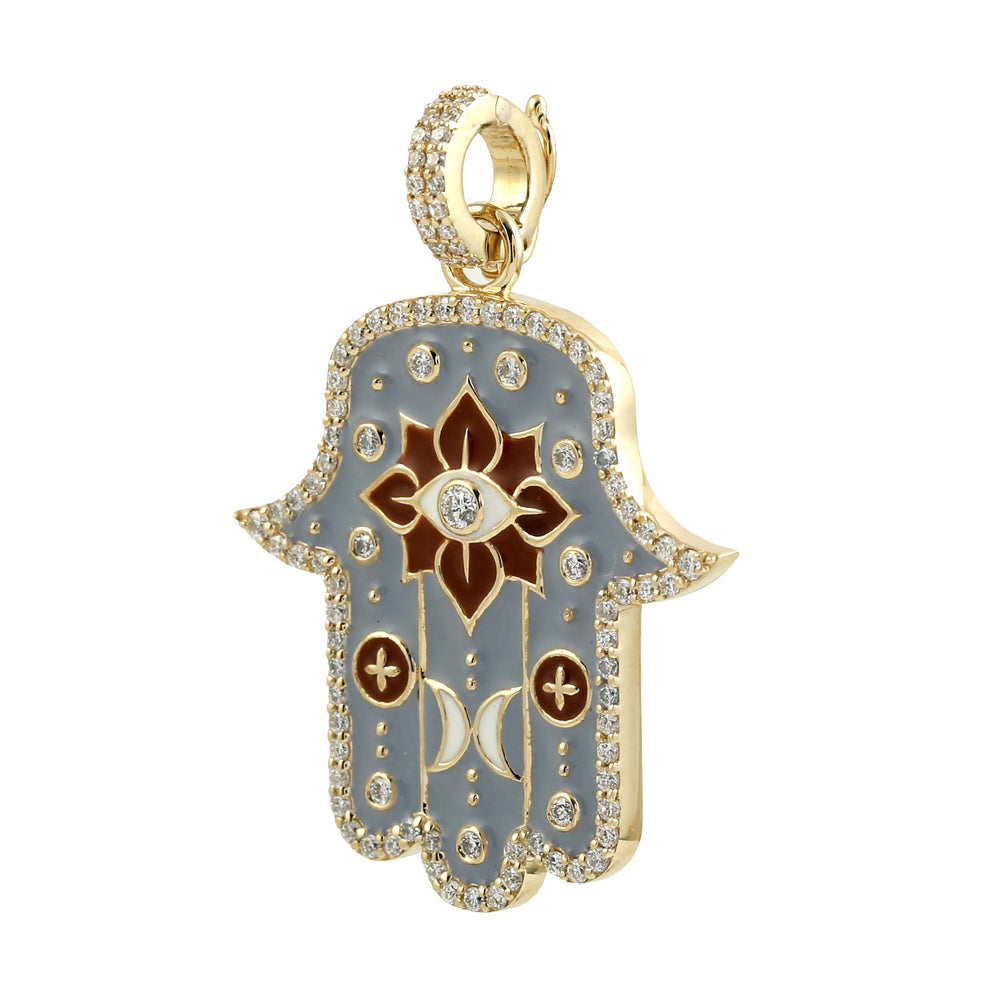 14K Yellow Gold Pave Diamond Enamel Hamsa Buddha Mama Pendant Jewelry For Unisex