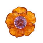 Carved Amber Round Amethyst Gemstone 18K Yellow Gold Flower Pendant Jewelry