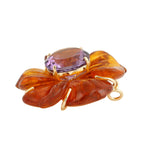 Carved Amber Round Amethyst Gemstone 18K Yellow Gold Flower Pendant Jewelry