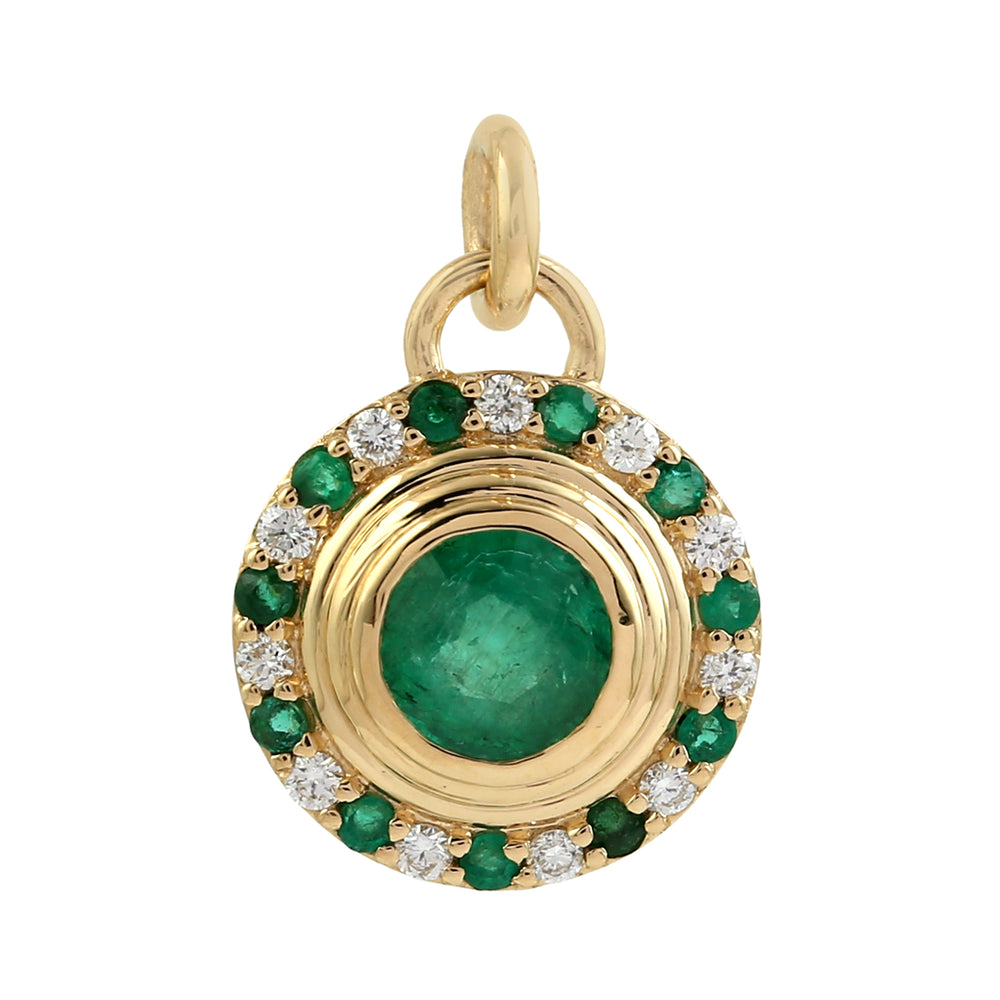 Round Emerald Pave Diamond 18K Yellow Gold Designer Charm Pendant Jewelry For Women's