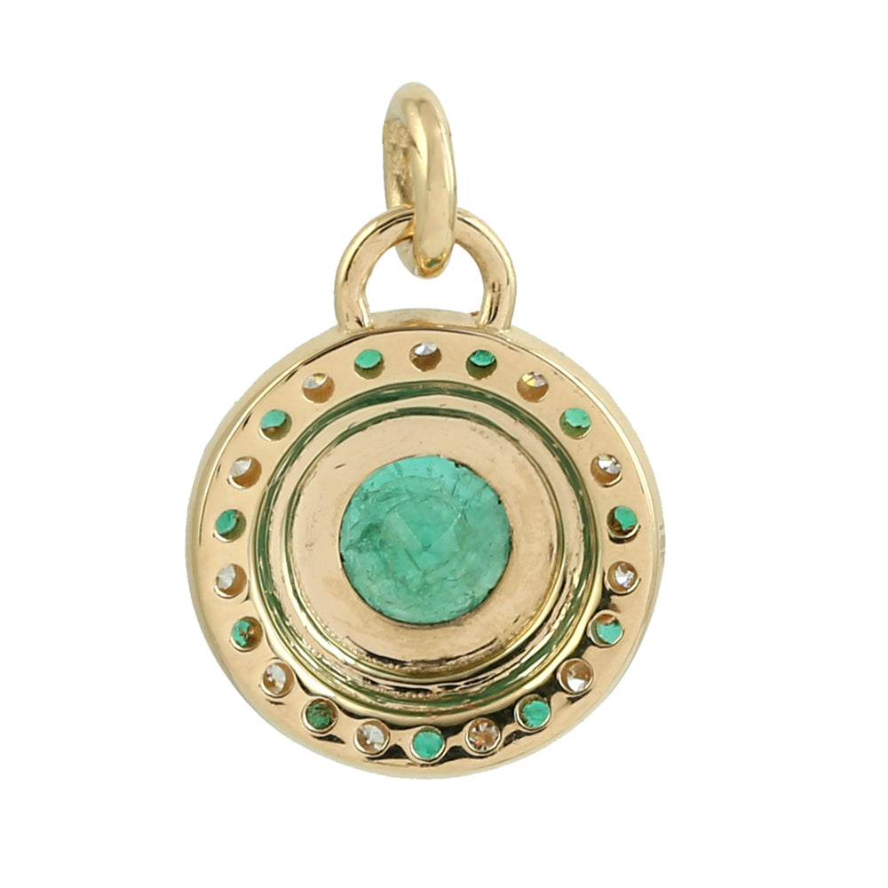 Round Emerald Pave Diamond 18K Yellow Gold Designer Charm Pendant Jewelry For Women's