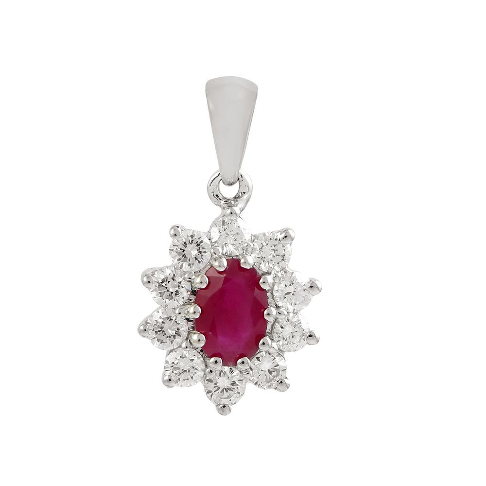 Natural Oval Ruby Pave Diamond Designer Charm Pendant 18K White Gold For Her