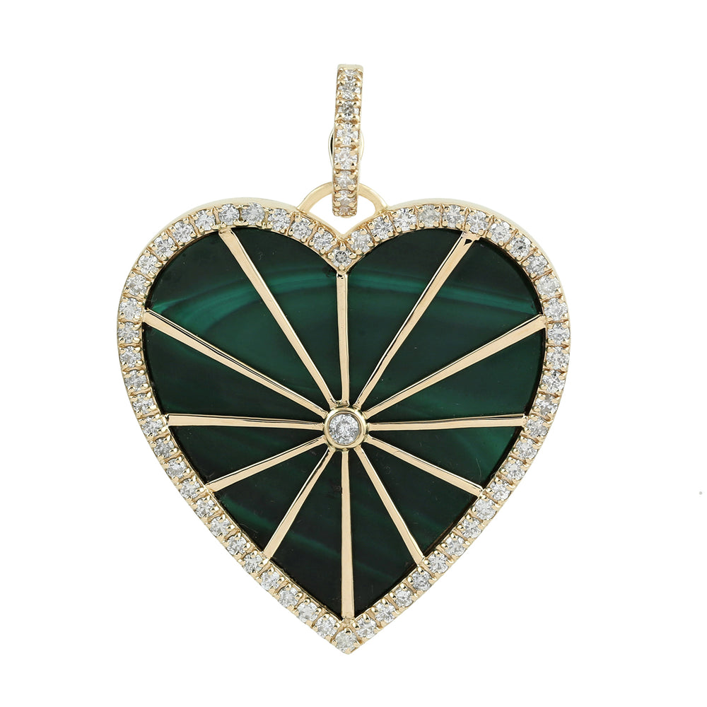 14K Yellow Gold Bezel Set Malachite Gemstone Pave Natural Diamond Heart Pendant For Her