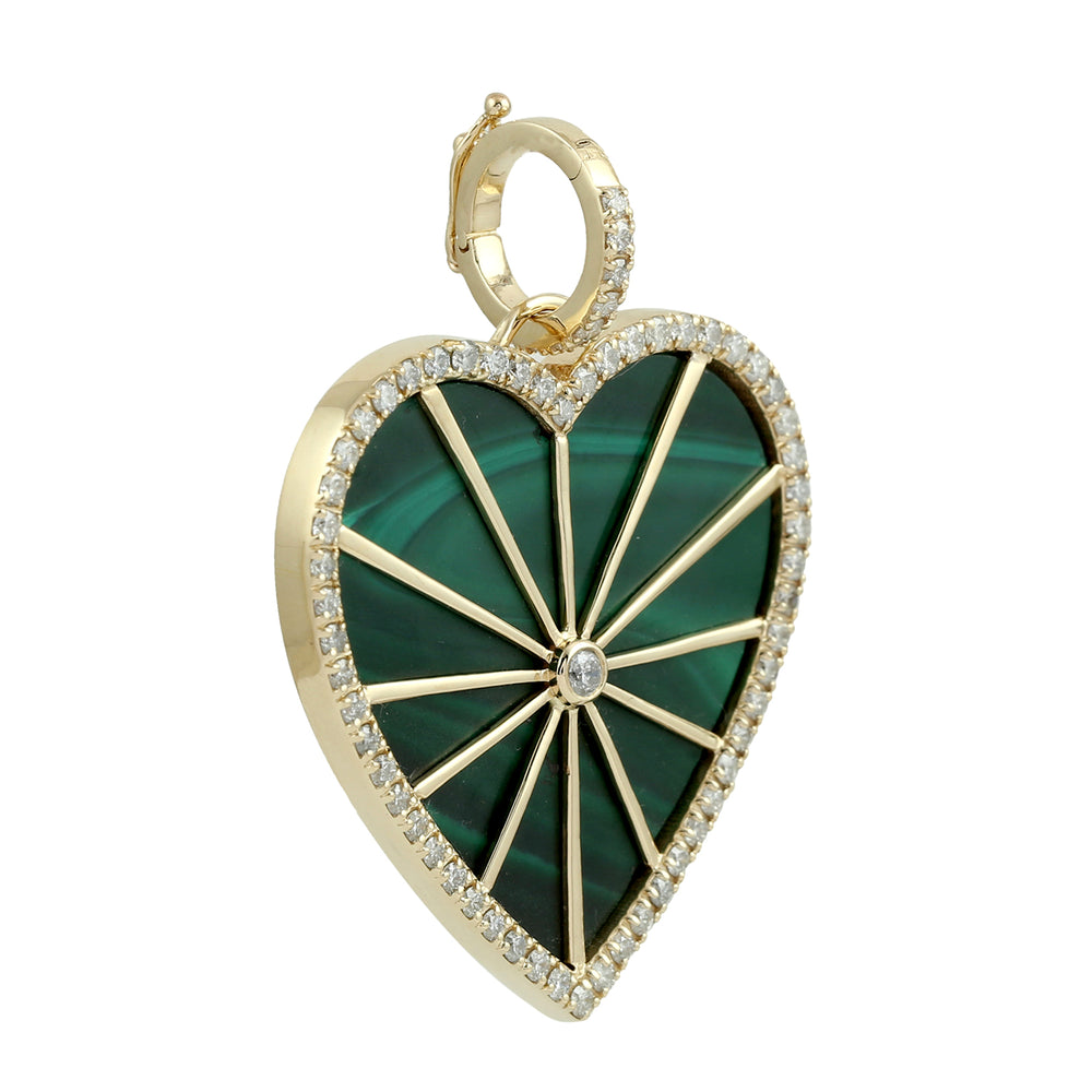 14K Yellow Gold Bezel Set Malachite Gemstone Pave Natural Diamond Heart Pendant For Her