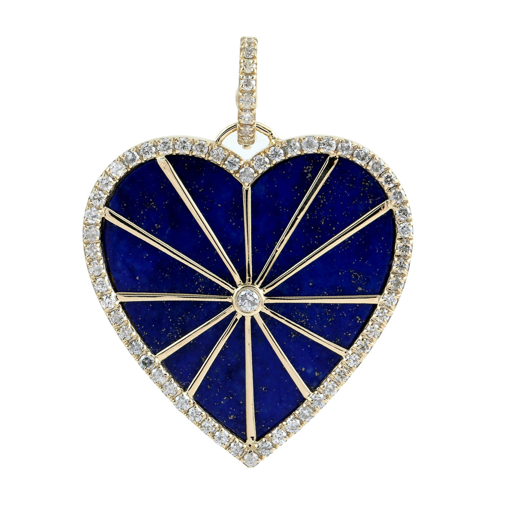 14K Yellow Gold Bezel Set Lapis Gemstone Pave Natural Diamond Heart Pendant For Her