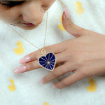 14K Yellow Gold Bezel Set Lapis Gemstone Pave Natural Diamond Heart Pendant For Her