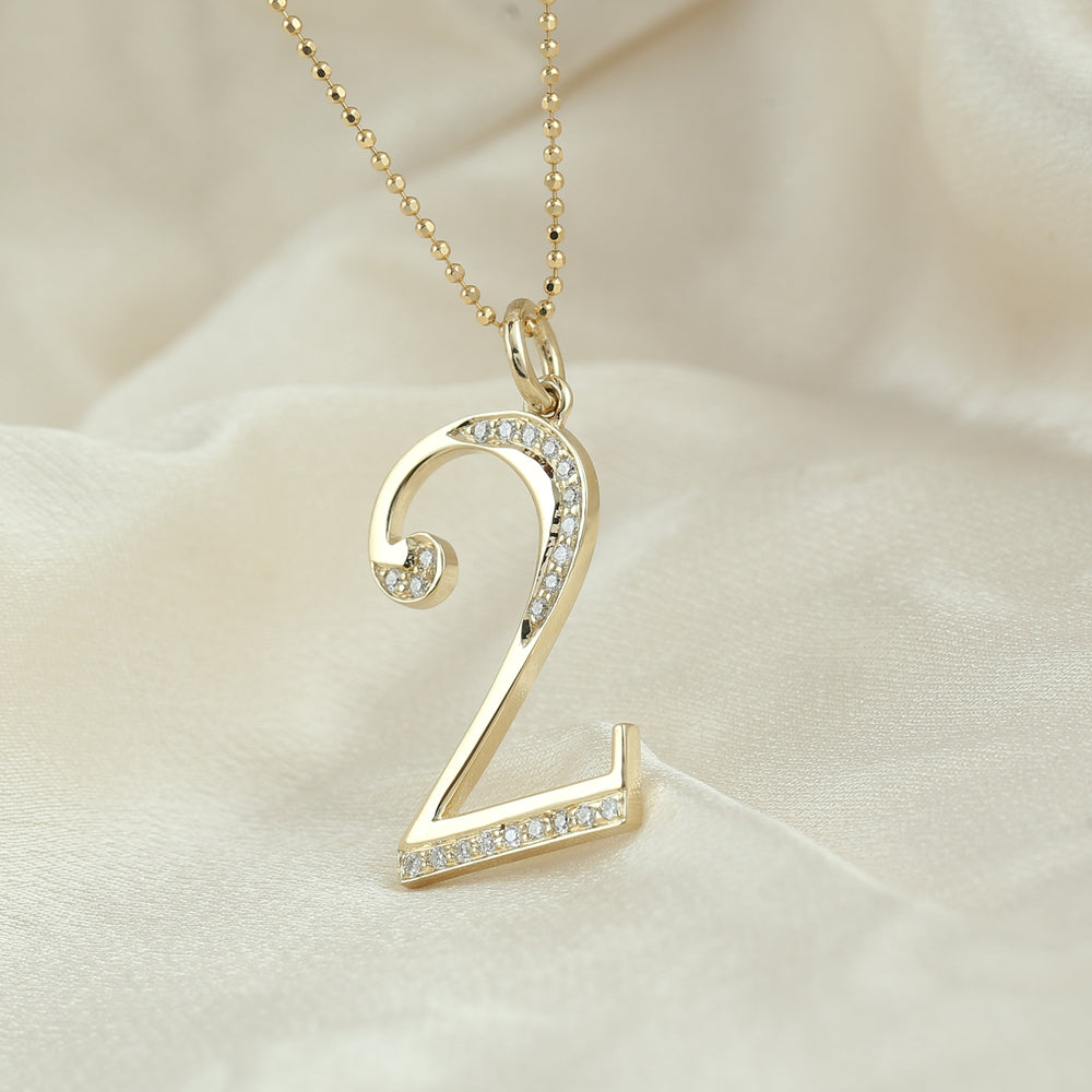 14K Yellow Gold Pave Natural Diamond "2" Initial Number Pendant For Unisex