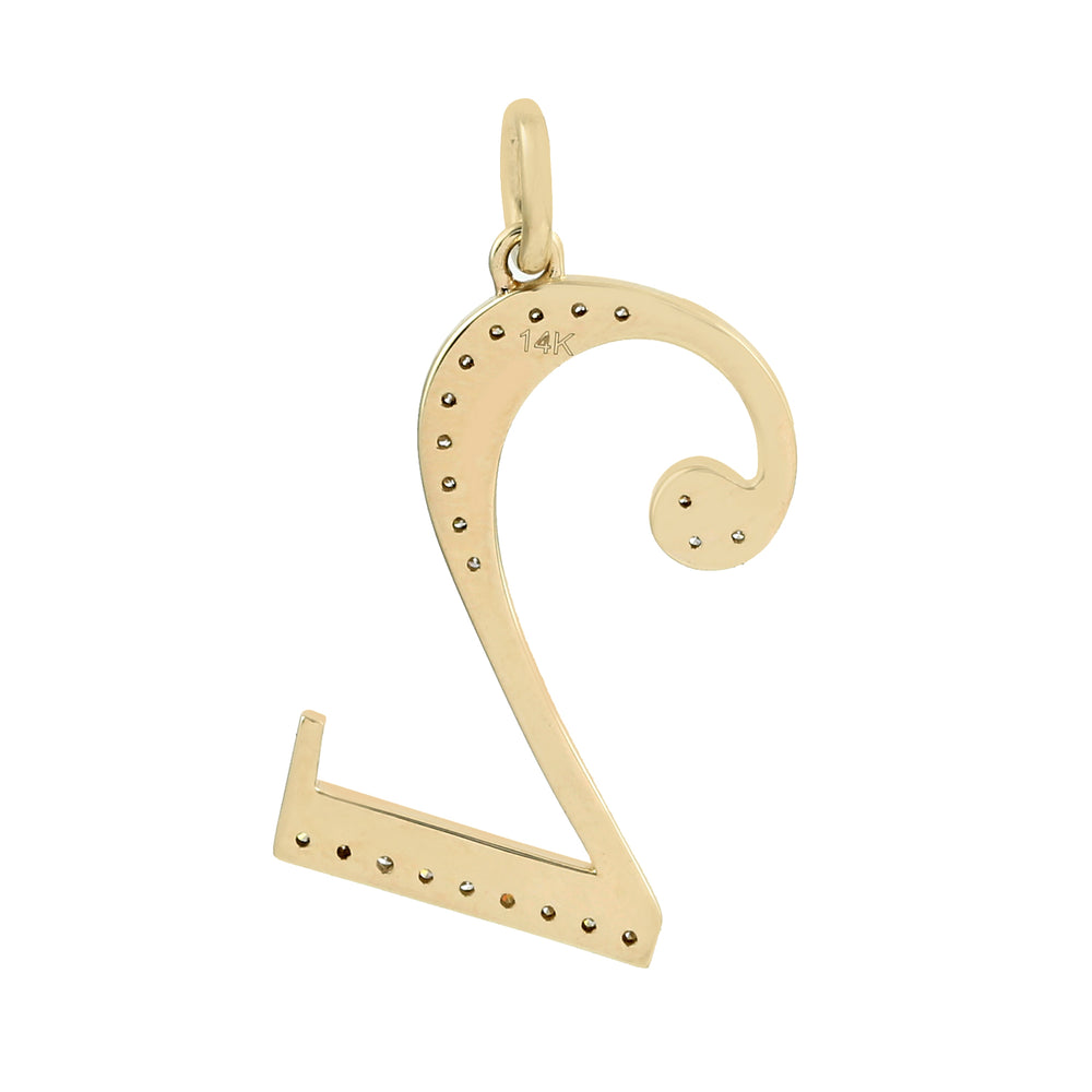 14K Yellow Gold Pave Natural Diamond "2" Initial Number Pendant For Unisex