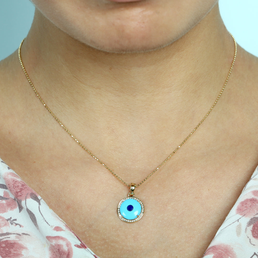 18K Yellow Gold Prong Turquoise Y Lapis Gemstone Pave Diamond Evil Eye Pendant