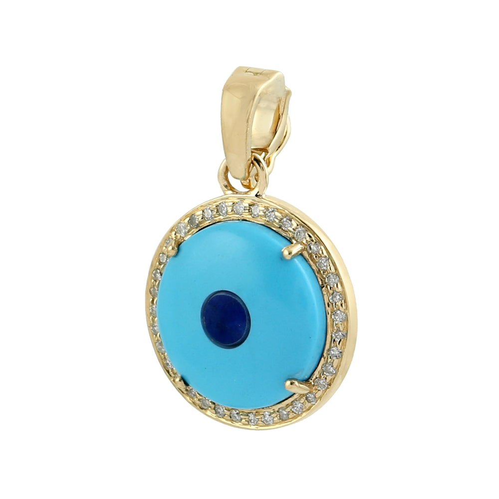 18K Yellow Gold Prong Turquoise Y Lapis Gemstone Pave Diamond Evil Eye Pendant
