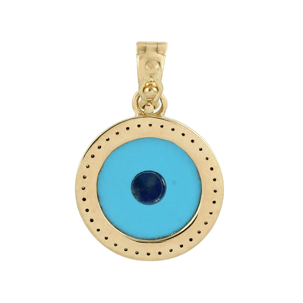18K Yellow Gold Prong Turquoise Y Lapis Gemstone Pave Diamond Evil Eye Pendant