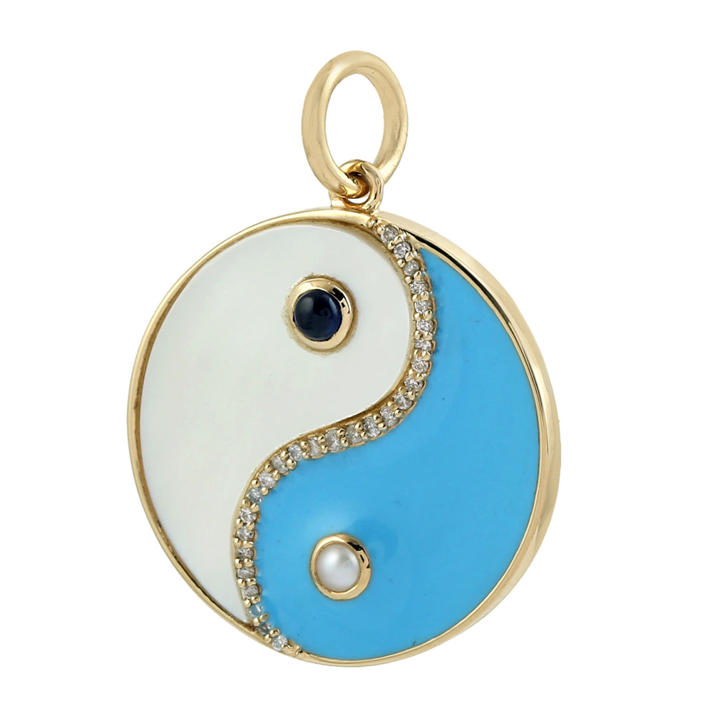 Fancy MOP Bezel Set  Blue Sapphire Pave Diamond Yin Yang Pendant In 18K Yellow Gold
