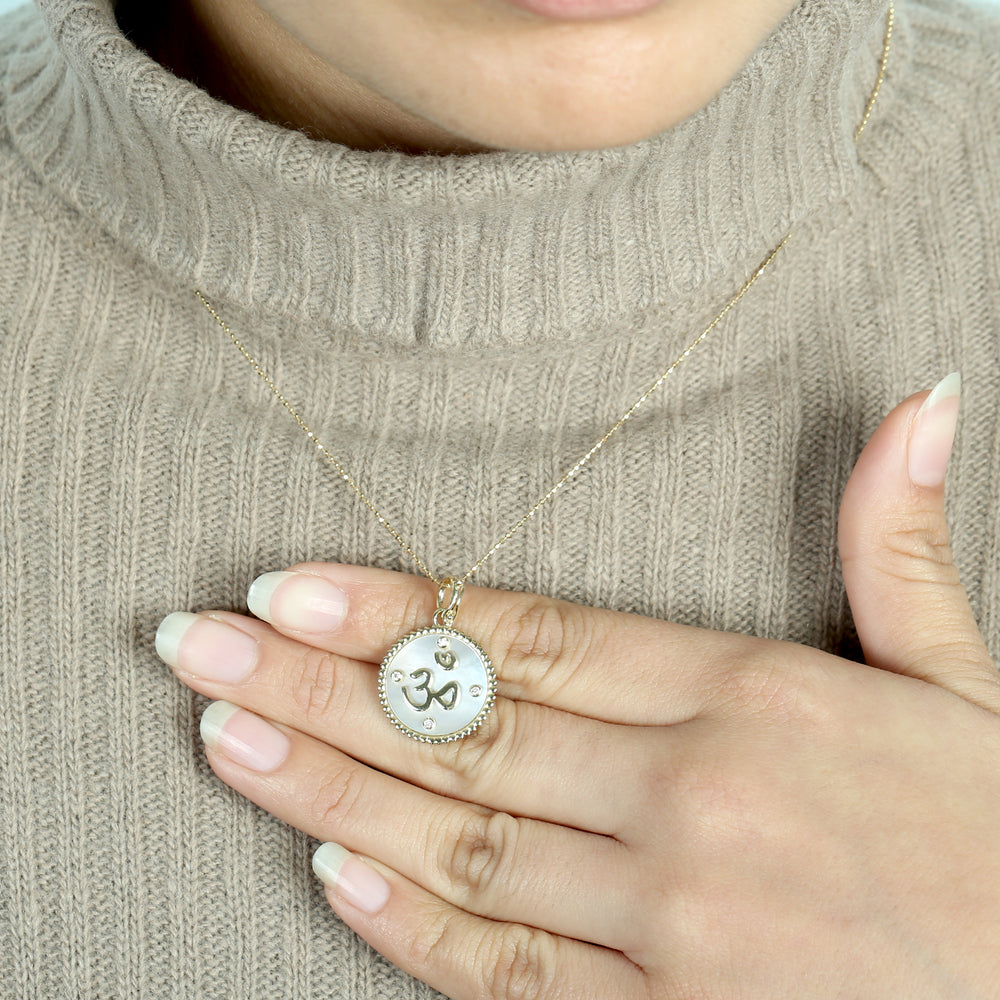 Om Symbol MOP & Diamond Medallion Pendant in 14K Yellow Gold