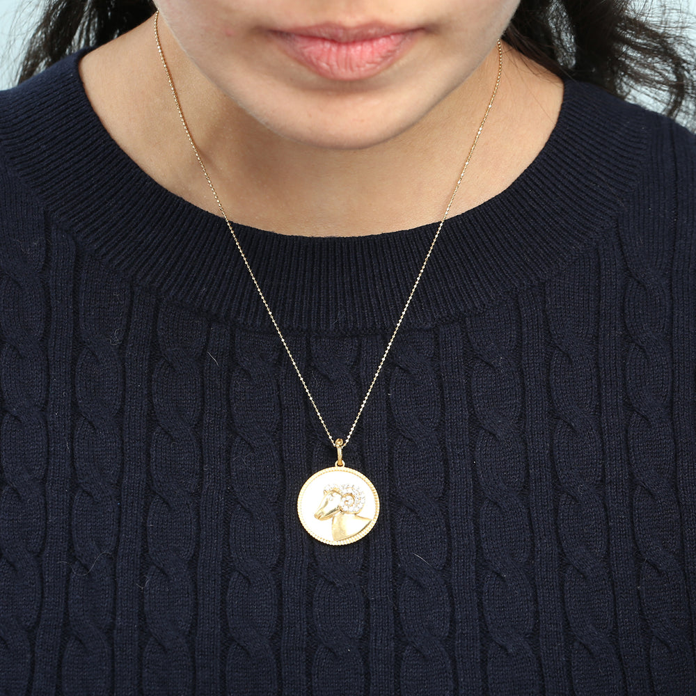 Aries Zodiac Medallion Pendant with Diamonds in 14K Yellow Gold