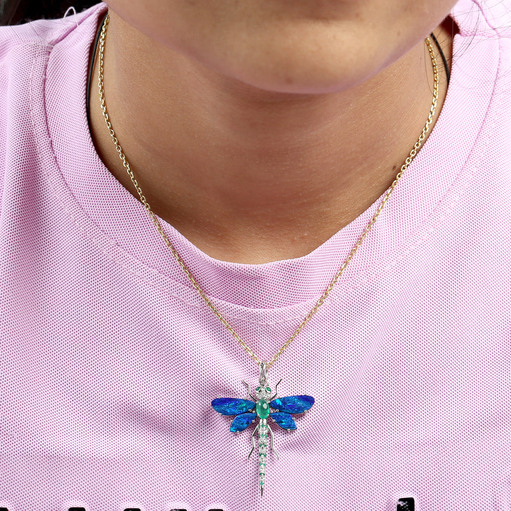 Opal, Emerald & Diamond Dragonfly Pendant in 14K White Gold