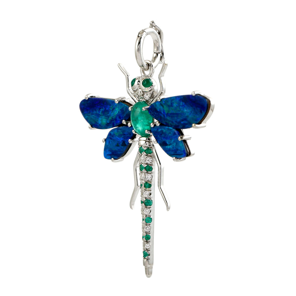 Opal, Emerald & Diamond Dragonfly Pendant in 14K White Gold