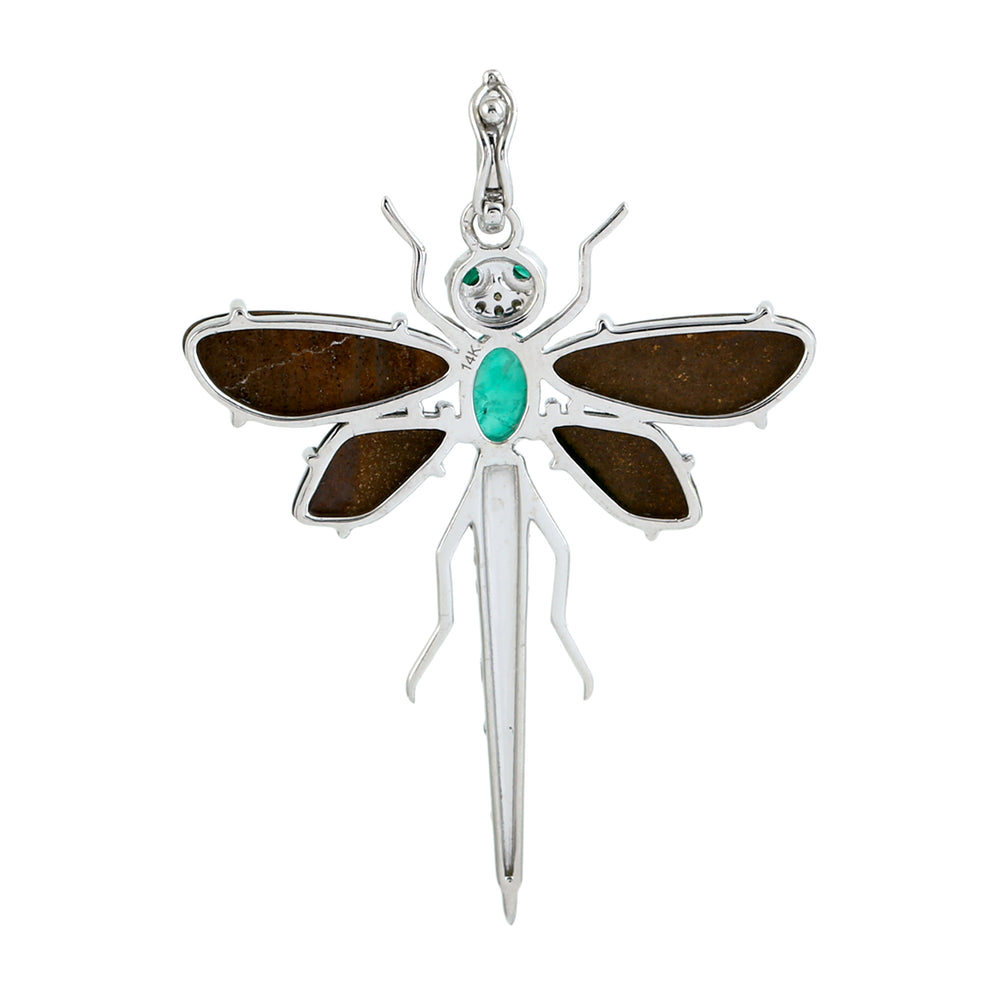 Opal, Emerald & Diamond Dragonfly Pendant in 14K White Gold