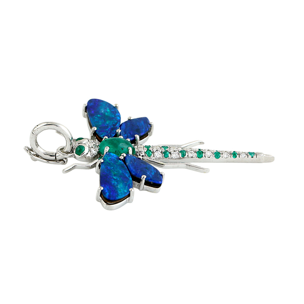 Opal, Emerald & Diamond Dragonfly Pendant in 14K White Gold